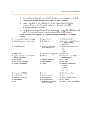Page 472-24Preparation for DHS Installation
†Six conductor modular jack assemblies for all station instruments (recommended).
†Standard punch-down terminal block(s), 66M1-50 type, as required.
†Industry-standard, 25-pair cable(s) with a 50-pin male amphenol/AMP type 
connector for connection from each equipped 3 x 8 module to the MDF.
†AC voltage surge/spike protector.
†Standard telephone hand tools and mounting hardware for the KSU, MDF backboard, 
punch-down terminal block(s), modular jack assemblies for CO...