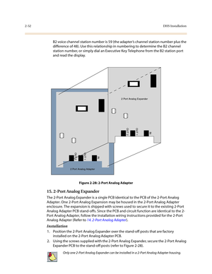 Page 752-52DHS Installation
B2 voice channel station number is 59 (the adapter’s channel station number plus the 
difference of 48). Use this relationship in numbering to determine the B2 channel 
station number, or simply dial an Executive Key Telephone from the B2 station port 
and read the display.
Figure 2-28: 2-Port Analog Adapter
15. 2-Port Analog Expander 
The 2-Port Analog Expander is a single PCB identical to the PCB of the 2-Port Analog 
Adapter. One 2-Port Analog Expansion may be housed in the 2-Port...