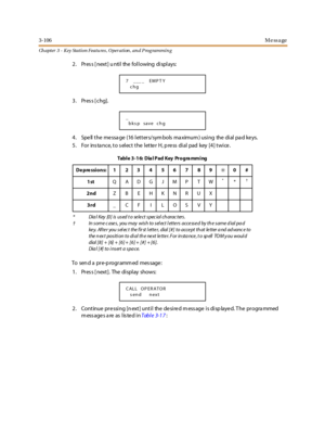 Page 1763-106Message
Ch apter 3 - Key Station Featu res , Operation , an d P rog rammin g
2. Press [next] until the following displays:
3. Press [chg].
4. Spe ll the me ssa ge (16 l etter s/sym bols ma ximum ) usi ng the di al pa d ke ys.
5 . For ins ta nc e, t o s el ec t t he l et te r H, p re ss di al pad key [4 ] t wi ce .
To sen d a pr e-p rogr amm ed mes sage :
1 . Pr es s [ next ]. The di spl ay shows:
2 . Cont inue pr e ssi ng [n ext ] unt i l the de si re d m ess age i s di sp laye d. T he pr ogra mmed...