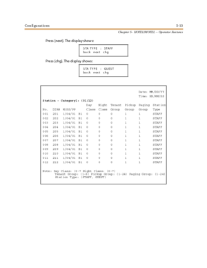 Page 253Con fi gu ra tio ns5-13
C ha p t e r 5 - H OTE L /M OTE L -- Op e ra t o r Fe a t ure s
Pre ss [nex t]. The di sp la y show s:
Pre ss [chg]. The display shows :
STA TYPE : STAFF
ba ck nex t chg
STA TYPE : GUEST
ba ck nex t chg
Da te:  MM /D D/Y Y
Ti me:  HH /M M/S S
S tat io n -  C ate gor y1 : ( 01 /12 )
D ay Ni ght Te na nt Pi ck up Pa gin g S tat io n
N o. DI R# M/S S/ PP C la ss Cl ass Gr ou p Gr ou p Gr oup T ype
0 01 20 1 1/0 4/ 01 B 1 0 0 0 1 1 S TAF F
0 02 20 2 1/0 4/ 01 B 1 0 0 0 1 1 S TAF F
0...