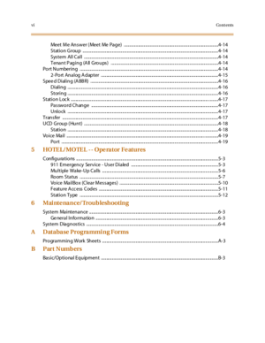 Page 10viCo n t e n ts
Meet M e An s w er ( Meet Me Pa g e) . .. .. .. .. .. .. ... .. .. .. .. .. .. .. .. .. .. .. .. .. ... .. .. .. .. .. .. .. .. .. .. .. .. .. ... .. .. .. .. .. .. ..4- 14
Stati o n G rou p .. .. .. .. .. .. .. .. .. .. .. ... .. .. .. .. .. .. .. .. .. .. .. .. .. ... .. .. .. .. .. .. .. .. .. .. .. .. .. ... .. .. .. .. .. .. .. .. .. .. .. .. .. ... .. ............4-14
Sys tem Al l Ca l l . .. .. .. .. .. .. .. .. .. .. ... .. .. .. .. .. .. .. .. .. .. .. .. .. ... .. .. .. .. .. .....