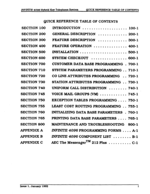 Page 2INFINITE 4096 Hybrid Key Telephone System QUICK REFERENCE TAB= OF CONTENTS 
QUICE REFERENCE TABLE OF CONTENTS 
SECTION 100 
SECTION 200 
SECTION 300 
SECZION 400 
SECTION 500 
SECTION 600 
SECTION 700 
SECTION 710 
SECTION 720 
SECTION 730 
SECTION 740 
SECTION 745 
SECTION 750 
SECTION 755 
SECTION 760 
SECTION 765 
SECTION 800 
APPENDIX A 
APPENDIX B 
APPENDIX C INTRODUCTION . . . . . . . . . . . . . . . . . . . . lOO- 1 
GENERAL DESCRJPTION . . . . . . . . . . . . . 200-l 
FEATURE DESCRIPTION . . . ....