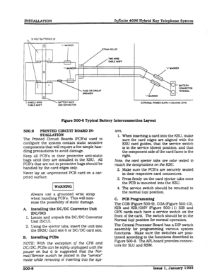 Page 102INSTUTION Infinite 4096 Hybrid Key Telephone System 
h 12 wxl a.*nWXES (2) 
STFWN RELIEF 
-SINGLE WIRE  0AllERY RACK 
CABLE ASSY ANDSEPARATOR ExlERNAL POWER SUPPLY HCUSING (EPS) 
Figure 600-6 Typical Battery Interconnection Layout 
500.9 PRINTED CIRCUTI’ BOARD IN- 
STALLATION 
The Printed Circuit Boards IPCB’s) used to 
configure the system contain static sensitive 
components that will require a few simple han- 
dling precautions to avoid damage. 
Keep all PCB’s in their protective anti-static 
bags...