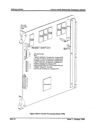 Page 104INSTALLATION 
Infinite 4096 Hybrid Key Telephone System 
YELLOW 
COLORED 
DIP SWITCHES 
SW2 
l-WRITE MEMORY (EnablelON; Disable&FF) 
2-CLEAR TO SEND (Enable-ON; DisablelOFF) 
3-TRACE OUTPUT (Enable&N; DisablelOFF) 
4-SOFT RESTART (Enable&N; Dkabl~OFF) 
5SMDR (Enable-ON; Disable-OFF) 
6-29 CHARACTER-OFF; 60 CHARACTER-ON 
7-SMDR: CPB-OFF; APL-ON 
B-INITIALIZE (Enable=ON; Dkable=OFF) 
FQ’ure 500-S Central Processing Board (CPB) 
500-10 
Issue 1, January 1992  