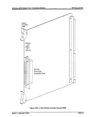 Page 109Infinite 4096 Hybrid Key Telephone System 
IN!3TALL4TION 
GREEN 
COLORED 
NORMAL 
SERVICE 
 
0 
0 
50-PIN 
STATION 
CONNECTOR 
Figure 50&11 Key Station Interface Board (ICIB) 
Issue 1, January 1992 
500-15  