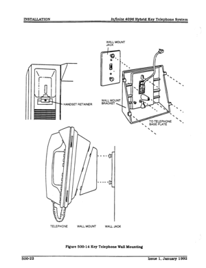 Page 116WALL MOUNT 
JACK 
HANDSET RETAINER 
TELEPHONE WALL MOUNT WALL MOUNT 
WALL JACK 
. 
 
. 
 
. 
. 
Figure 500-14 Key Telephone Wall Mounting 
500-22 
Issue 1, January 1992  