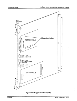 Page 118INSTUTlON Infinite 4096 Hyixid Key Telephone System 
RSM MODULE 
MOD 1 JACK 
EXT. PAGE VOICE 
MOD 2 JACK 
SIU MODULE 
r 
/ K 
Mounting Holes 
RED 
COLORED 
EXT. PAGE COMROL 
Figure 5OG15 Application Board (APL) 
500-24 Issue 1, January 1992  