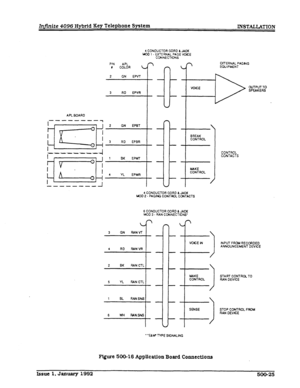 Page 119Infinite 4096 Hybrid Key Telephone System 
INSTALLATION 
4 CONOUCTOA CORD h JACK 
MO3 1. EXTERNAL PAGE VOICE 
CONNECT0NS 
PIN 
APL 
a 
COCOA 
L 
2 
GN EPVT 
3 
RD EPVR 
APL BOARD 
--------1 EPBT 
EPBR 
9 r 4 4 YL EPMR 
--e--m-- / 
4 CONDUCTOR CORD 6 JACK 
MOO 2 - PAGING CONTROL CONTACTS 
6 CONDUCTOR CORD 6 JACK 
I.400 3. RAN CONNECTIONS’ 
4 3 
GN 
RANYT 
4 
RO RANVR 
2 BK RAN CTL 1 
6 WI4 RANSMi CONTROL 
CONTACTS 
VOICE LN 
> INPb-7 FACM RECORDED 
ANNOUNCEMENT DEVICE 
MAKE START CONTROC TO 
CONTROL 
1...