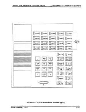 Page 132Infinite 4096 Hybrid Key Telephone System 
CW3TOMER DATA BASE PROGRAMMING 
Figure 700-2 Iqjinite 4096 Default Button Mapping 
--I FLEX 
BUTTON 
FIELD 
--J 
Issue 1. January 1992 700-3  