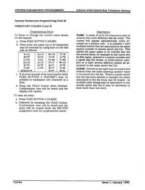 Page 160SYSTEM PARAMETERS PROG-G In$.nite 4096 Hybrid Key Telephone System 
System Parameters Pmgrring (Cont’dl 
DIRECTORY DXAUNG (Cont’dl 
Progriamming Steps 
To Enter or Change the current name show-n 
on the d&pa@ 
a F’ressFLEXBUrrON2@WME) 
b. Then enter the name (up to 24 characters 
may be entered) by using keys on the dial 
pad as follows: 
G=14 
H=‘4 
I=#4 
J=15 
K=‘5 
L=#S M=16 
N=*6 
0=#6 
P=17 
Q=‘l 
R=*7 
S=#7 T=18 
U=‘8 
V=#8 
w=19 
x=*9 
Y=#9 
Z=#l 
c. Ifan error is made while entering the name...