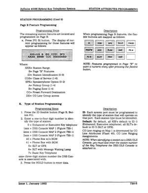 Page 173STATION PROGRAMMIN G (Cont’d) 
Page B Featnre Programming 
Pr0gnmmh-g Steps 
The remaining station features are located and 
programmed on Page B. 
a. Press Ipc B] button. The display of cur- 
rent programming for those features will 
appear as follows: 
..:>z.. :::::: ::::.:.:.:.:..:.:.,:.:. +.:::::::i:::.::‘:. ..::..:. . . . . . . :.. .I> .y,:- ‘:i$.$zcF .::,:,: :::::. ... .....:::  . . i.: ii :” ..,. 
::.:.:.:.:.):.):,:.:.:...~.~,...’... . . . . . . . . . ,.,.,.,..,.,... ,...,..., :: .:.:.::.:,. . . ....