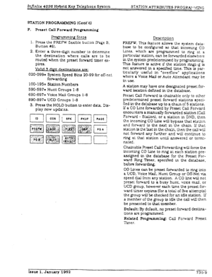 Page 177STATION PROG FLAX?dmG (Coti’d) 
020-099x 
1 oo- 19% 
590-597= 
690-697= 
690-897x  P. 
1. 
2. 
FwgramJ-rllng steps 
l+~ the PiEFW fltible button i-e 8. 
Button 61. 
Enter a time-d.!g~t number to detemc 
the destination where calls arc to 
be 
muted when the preset forward timer cx- 
pl3-W. 
System Speed Bina 20-99 for cc-nc! 
forwarding 
StaLlon Numbers 
Hunt Cruups 1-8 
Voice Maa Cmups l-8 
UCD Groups 1-8 
3. 
Press the HOLD button to enter data Xs- 
play now updaks. DcscrlpUon 
m. This raturt ailow~...