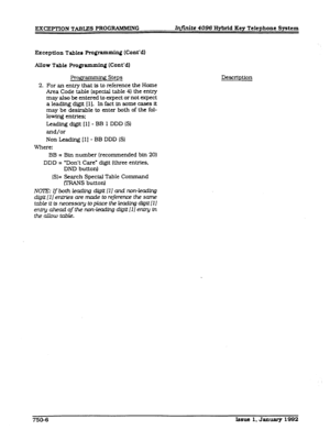 Page 199EXCEPTION TABLES PROG-G Infiite 4096 Hybrid Key Telephone System 
Exception Tabks Programming 
(Cont’dl 
Allow Table Programmfng (Cat’4 
Fe@ . g Steps 
2. For an entry that is to reference the Home 
Area Code table (special table 4) the entry 
may also be entered to expect or not expect 
aleadfngdigit[lj. Infactinsomecasesit 
may be desirable to enter both of the fol- 
lowing entries: 
Leading digit (11 - BR 1 DDD IS] 
and/or 
Non Leading [I] - BB DDD (S] 
Where: 
BB = Bin number (recommended bin 20)...