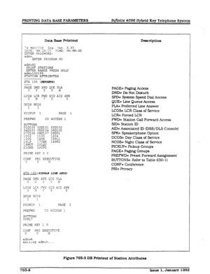 Page 227I’WNTING DATA BASE PARAMETERS InJinite 4096 Hybrid Key Telephone System 
Data Base Printout 
Deiscription 
a&c-, 
ENTER 2RCGR.W NO 
adm>83 
PRINT STATIONS 
EXTER RANGE PRESS HOLD 
admz-100195 
STATION ATTRIBUTES 
STA 100 (wPSL?rSJ 
?AGE DhX) SPD QUE PLA 
Y Y Y Y N 
LCOS LCR FWD SID AID SPK 
0 N i 0 0 
DCOS NCOS 
1 1 
PICKUP 1 PAGE 1 
PREFWD CO ACCESS 1 
3UTTONS 
OlDlOO 02D101 03D102 
04D103 05D104 06D105 
07D106 08D107 09DOl 
1002 1103 1204- 
1305 1406 15PLl 
i6i.P  7CBK 18PKU 
19MUT SOLQU 
2lDlND 22CPO...