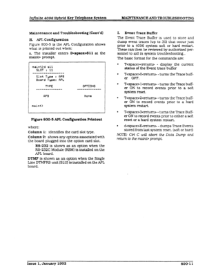 Page 253Infinite 4096 Hybrid Key Telephone System MAINTENANCE AND TROUBLESHOOTING 
Maintenance and Troubleshooting (Cont’d) 
H. APL Configuration 
Figure 800-5 is the APL ConfIguration shows 
what is printed out when: 
a. The installer enters DSll at the 
maint> prompt. 
maint>d sll 
SLOT : 11 
---s------------- 
Slot Type : F(PB 
Board Tupe: RPL 
TYPE 
-------------- 
RPB OPTIONS 
------------- 
None 
Figure 800-b APL Configuration Printout 
where: 
Column 1: identitIes the card slot type. 
Column 2: shows any...