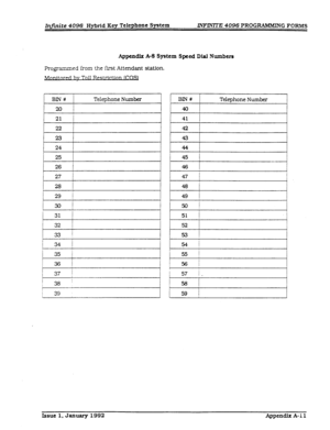 Page 267Injinite 4096 Hybrid Key Telephone System ZNFPJlTE4096 PROGRAMMIN 
G FORMS 
Appendix A-8 System Speed Dial Numbvs 
Programmed from the first Attendant station. 
by- 
BIN# 
20 
21 
22 
23 
24 
25 
26 
27 
28 
29 1 
30 / 
Telephone Number 
32 I 
33 / 
Telephone Number 
I 48 I 
I 49 
I 
I 50 I 
51 
52 
54 ! 
55 j 
Issue 1, January 1992 Appendix A- I 1  