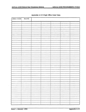 Page 279Infinite 4096 Hybrid Key Telephone System hjinite 4096 PROGRAhfMIN 
G FORMS 
Appendix A-14 6-Digit O%hc Code Table 
AREA CODE ROUTE 
Issue 1, January 1992 Appendix A-23  