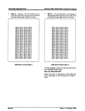 Page 62FEATURED-ON InJ?nite 4096 Hybrid Key Telephone System 
l 
MAP 2 - Statton 140- 179 appear in se- 
quential order with the bottom two rows of 
buttons being eight flexible buttons. l 
MAP 3 - CO Lfne buttons l-40 appear in 
sequential order with the bottom two rows 
of buttons being eight flexible buttons. 
DSS/DLS Console Map 2 
DSS/DLS Console Map 3 
CO Une ringing on Map 3 is determined by CO 
Line Ringing Assignments. 
300.1!54 
RELEASE= 
Allows the user to 
dfsconnect rxlls while off- 
hook, speeding...