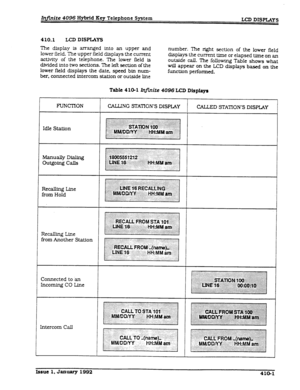Page 90Infinite 4096 Hybrid Keg Telephone System LCD DISPLAYS 
410.1 LCD DISPLWS 
The 
display is arranged into an upper and 
lower field. The upper field displays the current 
acutity of the telephone. The lower field is 
divided into two secttons. The left section of the 
lower field displays the date, speed bin num- 
ber, connected intercom station or outside line number. The right section of the lower field 
displays the cm-rent time or elapsed time on an 
outside call. The following Table shows what 
will...