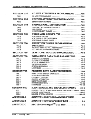 Page 10SECTION 720 
720.1 
SECTION730 
730.1 
SECTION740 
740.1 
740.2 
740.3 
SECTION 745 
745.1 
745.2 
745.3 
SEmION 750 
750.1 
750.2 
750.3 
SECTION 755 
SlSCTION760 
760.1 
760.2 
760.3 
760.4 
760.5 
760.6 
SECTION 765 
765.1 
765.2 
765.3 
765.4 
765.5 
765.8 
765.7 
SECTXON 800 
800.1 
800.2 
800.3 
APPENDIX A 
APPENDIX B 
APPENDIX C 
Xssue1,January1992 
ix 
CO LINE AMXIBUTES PROGfiAMMING 
..... ,720-l 
CO LINE PROC RAMMING ............................ ..720- 1 
STATION ATTRIBUTES PROGRAMMING 
........