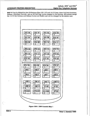 Page 107AITEm FEATURE DESCRTPTION 
infinite DVX ’ aad DVX ’ 
D&it& Key Telephone Systems 
B&W #l has by default the first 28 Stations (&as 100-127) and 14 CO lines, three Call Park locations. 
. . 
Release, Attendant Override, and an All Call Page button mapped to the buttons. AlI buttons except 
the 14 CO brie buttons and Release button are flexible and can be changed by the station user. 
PVgure 320-l DSS Coneole Map 1  