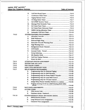 Page 12irIfinfte DVX’ and DVX’ 
710.2 
710.3 
710.4 
710.5 
710.6 
710.7 
710.8 
710.9 
710.10 
D&itd Key Telephone Systems Table of Contents 
H. Call Park Recall Timer ....................................................... 7 10-5 
1. Conference/DISA Timer .................................................... ‘710-6 
J. Paging Timeout Timer ....................................................... 710-6 
. CO Ring Detect Timer 
...................................................... .710-7 
L. SLT MMF Receiver...