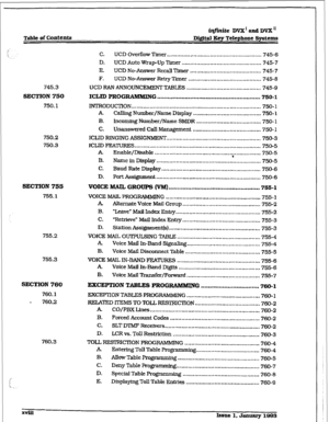 Page 15r 
irlfinite DVX’ and DVX” 
Table of contents 
Digital Key Telephone Systems 
745.3 
SECTION 
750 
750.1 
750.2 
750.3 
SECTION 755 
755.1 
755.2 
755.3 
C. LJCD Overflow Timer 
......................................................... 745-6 
D. UCD Auto Wrap-Up Tier 
................................................ 74517 
E. UCD No-Answer Recall Timer 
........................................... 745-7 
F. 
UCD No-Answer Reiry Tier 
............................................ 745-3 
UCD RAN...