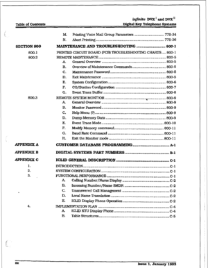 Page 17r 
iqfinite DVX’ and DVXn 
Table of Contents Dl@tal Eey Tekphone Syntemn 
SECTION SO0 
800.1 
800.2 
800.3 
APPENDIX A M. FYinting Voice Mail Group Parameters ............................ 775-34 
N. Abort Printing ................................................................. 775-i6 
&TA?NTENANCEAeND TROUBLESHOOTIlVG .......................... 800-l 
PRINTED CIRCUIT BOARD IpCB) TROUBLESH0011NG CHAF3-S .... 800-l 
REMOTE MAINTENANCE 
...................................................................