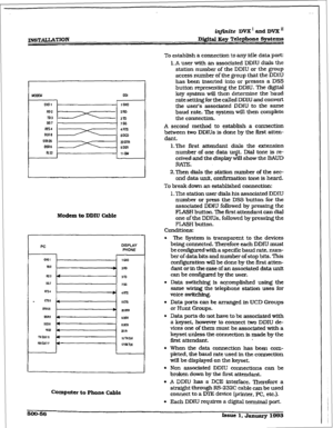 Page 240mSTALLKI’ION 
irlfinite DVX * and DVX ’ 
DigiW Keg Telephone Systems 
UODEM DDI 
1 GNO 
sG7 II 756 
Modem to DDIU Cable 
PC 
WJl 
m2 
DISPLAY 
PHONE 
r 
_ 1GNn 
* 2Fn 
Computer to Phone C&k 
To establish a connection to any idle data port: 
l.A user witi an associated DDIU dials the 
station number of the DDJU or the group 
access number of the group that the 
DDIU 
has been inserted into or presses a DSZj 
button representing the DDIU. The digital 
key system will then determine the baud 
rate set&g for...