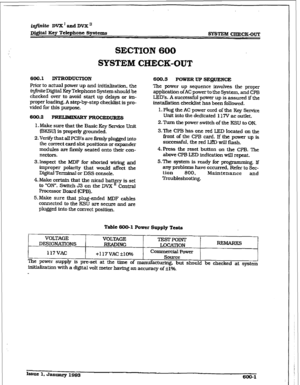 Page 244i@nite DVX ’ and DVX ’ 
DigiW Key Telephone Sy8tezns 
spsTEh¶ CBECE-OUT 
SECTION 600 
SYSTEM CHECK-OUT 
600.1 INTRODUCTION 
prior to actual power up and initialization. the 
infinite Digital Key Telephone System should be 
checked over to avoid start up delays or im- 
proper loading. A step-by-step checklist is pro- 
vided for this purpose. 
6cKI.2 
PREW PROCEDURES 
f . Make sure that the Basic Key service Unit 
(BKSU) is properly grounded. 
2. Verify that all PCB’s are firmly plugged into 
the correct...