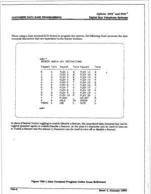 Page 246CDSTOMER DATA RASE PROGRAbI&mVG ir@ite DVX’ and DVX’ 
Di@taI Key Telephone Systems 
When using a data terminal 0/O device) to program the system. the following chart presents the data 
terminal characters that are equivalent to the keyset buttons. 
adm> ? 
REl-tOTE ADtlIN KEY DEFINITIONS 
Keyset Term Keyset 
Term Keyset 
Term 
---------I------------------------------- 
0 0 
FLEX i FLEX 11 FI 
1 
3 : FLEX 2 ; 
FLEX 12 S 
z FLEX  FLEX 3  4 E  R FLEX  FLEX 13  14 F D 
2 5” FLEX  FLEX 6  5 Y T FLEX  FLEX 16...