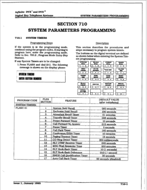 Page 258r 
&jWfe DVX’andDVXn 
Di@.a.l Key Telephone 
Systems SYSTEM PARABEXERS PRCIGRABBMING 
SECTION 710 
SYSTEM PARAME TERS PROGRAMMING 
Profgamdng steps Description 
If the system is in the programming mode, 
continue using the program codes. Ifstarting to 
program here, 
enter the programming mode. 
Refer to Sec. 700.2 , Fk-ogram Mode Entry (Key 
Station). 
If any System Tpmers are to be changed: 
l.I?t-ess FLASH and dial [Ol]. The following 
message is shown on tie display phone: This section describes the...