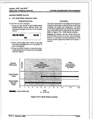 Page 266mite DVX’andDvX” 
D&$&d I&y Telephone Systtxris 
SYSTEM TIMERS [Cont’d) 
0. 
SLT Hook Flash Debounee Timer 
Programming Steps 
If this timer is to be changed: 
1. Press the SLT HOOK FLASH DEBOUNCE 
TIMER fiexible button (Button #15). The 
following message is shown on the display 
phone: Description 
This timer determines the length of time that is 
needed to deWmine a valid on-hook or off-hook 
condition for single Iine telephones. On-Hook 
or Off-Hook signals that are shorter in duration 
than this...