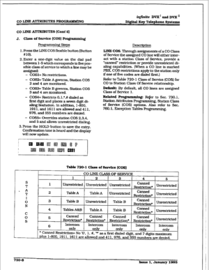 Page 304iqfiniie DVX’andDV2Kn 
cOLINEA’M’RIBUTESPRO-G 
D$$taI Key Telephone Systems 
co LJNE ATI’RIBUTES (Co&d) 
J. class of Semite (COS) F+ro& 
Programming Steps 
’ g 
1. Press the LINE COS flexible button (Button 
#lO). 
2.Enter a one-digit value on the dial pad 
between 1-5 which corresponds to five pos- 
sible class of service to which a line may be 
aSsigned: 
- COSl= No res&ictions. 
- COS2= Table A governs, Station COS 
2 and 4 are monitored. 
- COS3= Table B governs. Station COS 
3 amI 4 are monitored....