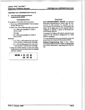 Page 346infinite DVX’ and DVX’ 
D@tal Key Telephone Systems UNIFORM CZ.AIL DISTREKJTION @ED) 
ARM CALL DXSTRIBUTION 
[Cont’dI 
c. UCD Recorded Announcement 
~~cntbl mm 
Pxgrammir* steps 
To program a Recorded Announcement: 
1. Press the ANNOUNCEMENTTBLS flexible 
button (Button # 11. 
2. 
Enter one of the following digit sequences: 
- 
l# = RAN port specified in Table 1 
will be used. 
- through 
- 8# = RAN port specified in Table 8 
will be used. 
Example: 
- 1,2=Port1wiIlanswe.rthecall;port 
2 will provide a...