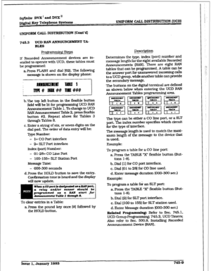 Page 352i+ite DVX’ md DVX” 
D&i&l Key Telephone Systcme UNJJFORM CALL DISTRIBUTION (UCD) 
I~NI~$GN~I CALL DISTRIBUTION (Cont’d) 
745.3 UCD RAN ANNOUNCEMENT TA- 
BLES 
Rograrmning Steps 
lf Recorded Announcement devices are in- 
stalied to operate with UCD. these tables must 
be programmed: 
a. Press FTASH and dial [62]. The following 
message is shown on the display 
phone: 
-nj 
b-The top left button in the flexible button 
field will be tit for programmmg UCD RAN 
Announcement 
Table 1. To change to UCD 
RAN...