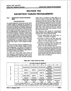 Page 366@‘i&e DVX’ and DVX” 
~j&al Key Telephone Systems EXCEPTION TABLES PROGRAMMING 
SECTION 760 
EXCEPTION TABLES PROCZMMMING 
760.1 EXCEFl!lON TABLES pROGR4kC 
MING 
Fkogrammiry! Steps 
The in. DigitaI Key Telephone System offers 
a flexible means of applying 
toll restriction to 
stations or Mlividuals. Dialing privileges (or toll 
restriction} is determined through assignment 
of station and CO line Class Of Sendce (COS). 
Several types of restriction can be derived sim- 
ply by programming cos assignments...