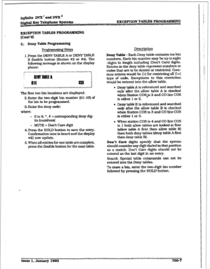 Page 372EXCEPTION TABLES I’ROG~G 
RxCEPTION TABLE-8 PROGWUDIING 
(Cont’d) 
c. Deny Table Programmiq! 
Pro@mmin.g Steps 
1. Press the DENY TABLE A or DENY TABLE 
B flexibfe button (Button #2 or #4). The 
following message is shown on the display 
phone: 
The first two bin locations are displayed. 
2.Enter the two-digit bin number (01-10) of 
the bin to be programmed. 
3.Ent.er the deny code: 
where: 
- 0 to 9, *, # = corresponding deny dig- 
its (numbers) 
- hRlTi3 = Don’t Care digit 
4. Press the HOLD button to...