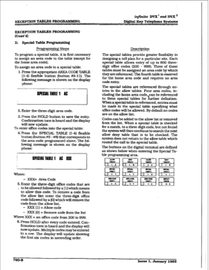 Page 373EXCEPTION TAB- PROG-G 
, 
i@zite DVX’ and DVX” 
Digital Key Telephone Systems 
=CEPTfON TABU3S PROG-G 
(Cont’d) 
D. Special Table Programminq 
F?rog- steps Description 
To program a special table, it is first necessary 
to assign an area code to the table (except for 
the home area code). 
To assign an area code to a special table: 
1. Press the appropriate AREA CODE TABLE 
f 1-4) flexible button (button #9-l 1). The 
foliowing message is shown on the display 
phone: The special tables provide greater...