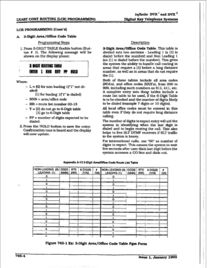 Page 378LEAST COST ROUTING &CR) PROGRAWHING 
, iqjinite DVX’ apd DVX I1 
Digital Eey Telephone Syetwpe 
LCRPROG- G (Cont’d) 
A. s-Digit Area/Of&t Code Table 
gpimmhg Steps 
1. Press 3-DIGIT TABLE flexible button (But- 
ton # 11. The following message will be 
shown on the display phone: 
- L = 101 for non leading 1 [,l” not di- 
aled) 
I11 for leading l(“1” is dided) 
- NNN = area/office code 
- RR-routelistnumberU0-15 
- Y = [O) do not 
go to 6-Digit table 
[ 11 go to 6-Digit table 
- PP = number of digits...