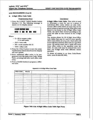 Page 379i@ite DVX’ and DV?L’l 
Dj@tal Key Telephone systems LE.+ST COST ROUTING &CR) PROGRAMBEING 
1. Press the 6-DIGIT TABLE flexible button 
(F5utton # 21. The following message is 
shown on the display phone: 
Whm: 
- S = 101 to remwe codes 
[lltoaddcodes 
- Akw=areacode 
- RR=routenumberCMJ-15 
- NNN=officecode 
2. IVess the HOLD button to save the entry. 
Confirmation tone is heard and the display 
will now update. 
3.Enter additional of&e codes to be pro- 
grammed into the same Area Code/ Route 
Table,...