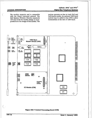 Page 39i@rzite DVX’ and DVXT’ 
Dtgital Key Telephone Spetenzs 
The modem supports and is compatible 
with the Hayes command protocol. The 
Bell System Western Electric) standards 
103 and 2l2A for modem design is incor- 
porated 
into the design of this modem. The modem operates on-he in both Full and 
Htiduplexmodes. An optional 1200 batid 
module may be added to the CPB to allow 
transmission at the rate of 1200 baud. 
(_ 
i 
r-J& i ---- -1 1200 bud 
ZiQ Modem Modute (MM) 
cz=i 
L ---- -__-_____ ----...