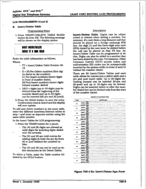 Page 383i@i.te DVX’andDVX’ 
~@tal Key T&phone Systtnm LEAST COST ROUTING (LCR) PROGRAMMING 
LCR PRffi RAMMING (Co&d) 
E. Insert/Delete Table 
programmbg Steps 
l.Press INSERT/DELm TABLE flexible 
button (button #5). The following message 
will be shown on the display phone: 
Enter the table information as follows; 
Whel-f?: 
- ‘IT = Insert/Delete Table Number OO- 
19 
- X = (01 Pm-Delete numbers (fir;st dig- 
its dialed in the number). 
[l] Pre-Insert numbers [insert digits 
in front of number dialed, 
(21...