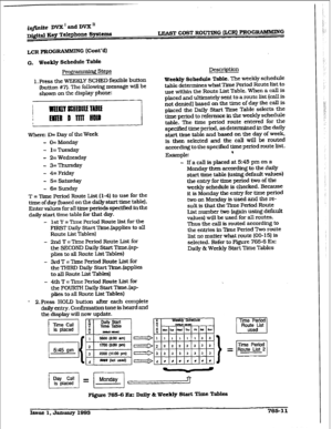 Page 385LEdST COST ROUTING (LCR) PROGRAMM]iNG 
LCR PROG RAMMlNG (Cont’d) 
G. Weekly Schedule T&e 
Pro@anunirX Step5 
1. Press the WEEKLY SCHED flexible button 
(button #7). The following message will be 
shown on the display phone: 
where: 33~ Day of the Week 
- Ck Monday 
- 1= Tuesday 
- 2= Wednesday 
- 3=Thursday 
- 4= Friday 
- 5= Saturday 
- 6= Sunday 
T = Time Period Route List (l-4) to use for the 
time of day (based on the daily start time table]. 
Enter values for all time periods spedfied in the 
daily...