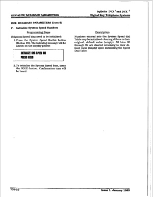 Page 397m DATABASE PARAMETERS iq#inike DvX’andDVX’ 
Digital Key Telephone Systems 
INIT. DATABASE P ARAMETERS (Cont’d) 
F. l.&i&zt System Spttd Numbers 
Pragramming Steps 
If System Speed bins need to be initialized: 
l.FYtss the System Speed flexiile button 
(Button #6). The following message will be 
shown on the display phone: Description 
Numbers entered into the System Speed dial 
Table may be initialized clearing all bins to their 
orig-inal, default value [empty). All bins 20 
through 99 are cleared...