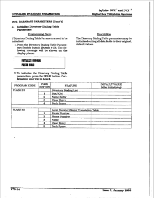 Page 401infinite DVX * and DVX I1 
m DATABASE PARAMETERS Dig&al Key Telephone 
Systems 
INIT. DATABASE P ARAbETERS (Cont’d] 
J. IniB Directory Dialing Table 
Parameters 
ProgImming 
steps 
If Directory DialingTable Parameters need to be 
initialized: 
1. Press the Directory Dialing Table Parame- 
ters flexible butto~~ (Button #lo). The fol- 
lowing message will be shown on the 
display phone: Description 
The Directory Dialing Table parameters may be 
initialized setting all data fields to their original....