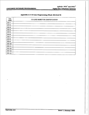 Page 458CUSTOMER DATABASE PROGRAlUMUE 
- co 
LINEZ 
co 1 
:co2 1 
: co3 
co4 
co5 
CO6 
‘CO7 
CO8 
co9 
co 10 
co11 
co 12 
‘co13 
co 14 Appendix A-4 CO Line Prom 
(Flash 40) Eunt’dl 
CO LINE NAME FOR IDlWl7FICATION  