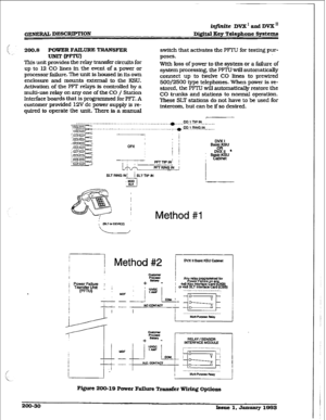 Page 57in..ite DVX’ and DVX I1 
GEI’iERAL DESCRIPTION Digital IKey 
Telephone Systems 
200.8 
POWER FAILURE TRANSFER 
=IpFTu) 
This unit provides the rely tmnsfer circuits for 
up to 22 CO lines in the event of a power or 
processor failure. The unit is housed in its own 
enclosure and mounts external to the KSU. 
Activation of the PFT relays is controlled by a 
multi-use relay on any one of t&e CO / Station 
Interface boards that is programm ed for PJ3. A 
customer provided 12V dc power supply is re- 
quired...