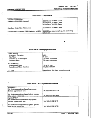 Page 65GE- DESCRIPTION iqflniie DVX’andDVX’ D&&al Ecy Telephone SyAcms 
Table 200-4 - Loop Limits 
[ Electronic Telephane: 
( [including DSS/DL.S Console) 
1 
Standard Single Line Telephones 
i 
, Off-Premise Extensions (OPX) (Adapter to SLlJ I 
- 
1000 feet of 26 AWG Cable 
1000 feet of 24 AWG Cable 
1000 feet of 22 AWG Cable 
2000 feet of 24 AWG Cable 
1400 ohms maximum loop, not including 
telephone. 
. 
Table 200-S - Dialing 
SpccUicatians 
I 
DTMFDialing 
kequency Deviation 
RiseTime 
Duration of DTMF Si@...