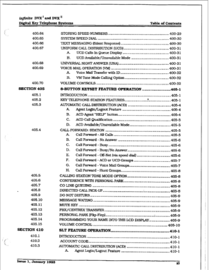 Page 8imite Dm’ and DVX ’ 
D&itd Xcy Telephone Systems 
Table of c43ntents 
400.64 STORlNG SPEED NUMBERS . . . . . . . . . . . . . . . . * . . . . . . . . . . ~...~.~ . . . . . . . . . . . . . . . ,,...... 
400-29 
400.65 SYSTEMSPEEDDIAL 
. . . . . . .,........ .~ . . . . . . . . . . . . . . . . . . . . . . . . . . . . . . . . . . . . . . . . . . . . . . ...4&-30 
400.66 TEXT MESSAGING (Silent Response) 
.-.-.* . . . . . . . . . . . . . . . . a..... . . . . . . . . . . . . . . . . . 400-30 
400.67 UNIFORM CALL...